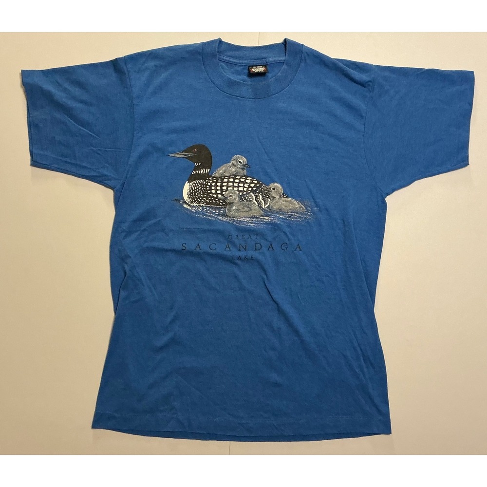 VTG Single Stitch 90s USA Made Lake Loon T-Shirt Blue Nature Birds Animals NY L